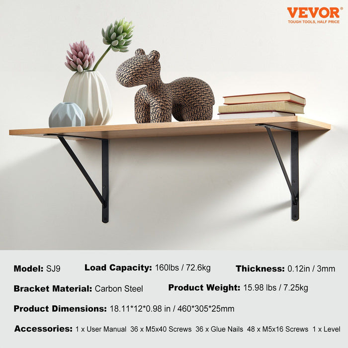 Shelf Bracket, 46 x 30.5 cm 12 Pcs, Heavy Duty Floating Shelf Brackets, Brackets for Shelves, 3mm Thick Matte Black Triangle Shelf Bracket,Steel Shelving Brackets with 72.6 kg Load Capacity