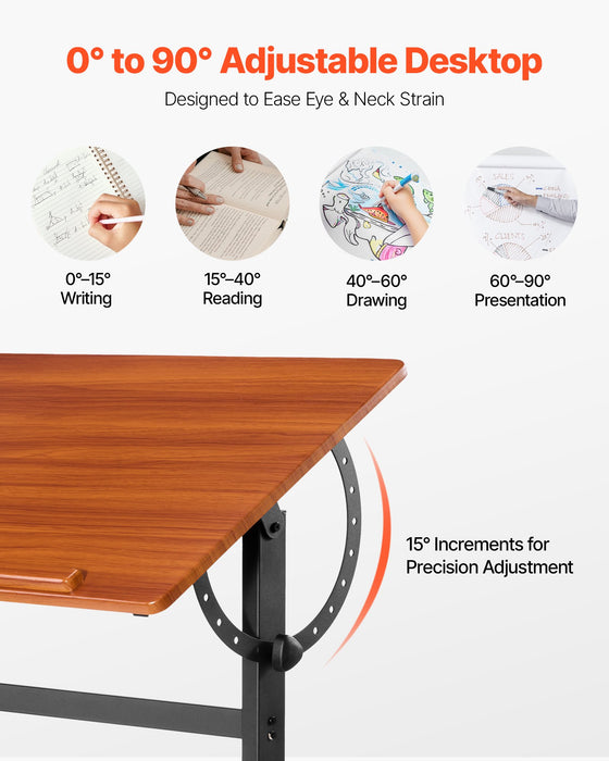 VEVOR Drafting Table Adjustable 0°â€?0° Tilt Wooden Drawing Desk with H-Frame