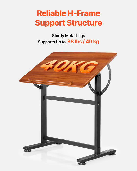 VEVOR Drafting Table Adjustable 0°â€?0° Tilt Wooden Drawing Desk with H-Frame