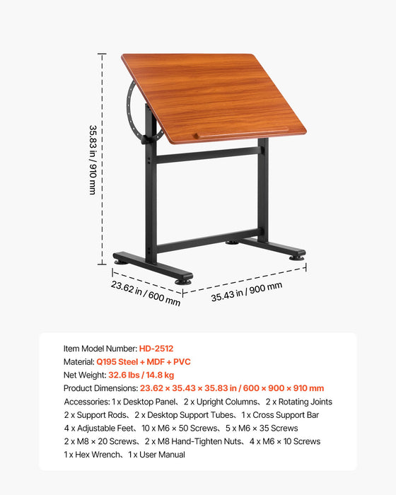 VEVOR Drafting Table Adjustable 0°â€?0° Tilt Wooden Drawing Desk with H-Frame