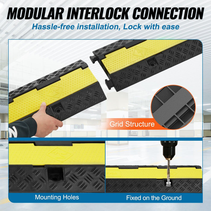 5 PCs Rubber Cable Protector Ramp, 2 Channel, 12000 lbs/axle Capacity Heavy Duty Hose Wire Cover Ramp Driveway, Traffic Speed Bump with Flip-Open Top Cover & 50 ft Warning Tape, for Indoor&Outdo