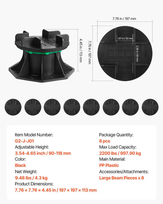 Deck Blocks 8 PCS, 2200 lbs / 997.90 kg Load Capacity Deck Support Plastic Pedestal Paver, Raising 3.54 - 4.65 inch / 90 - 118 mm, Height Adjustable Shed Foundation Base for Wood Concrete Metal