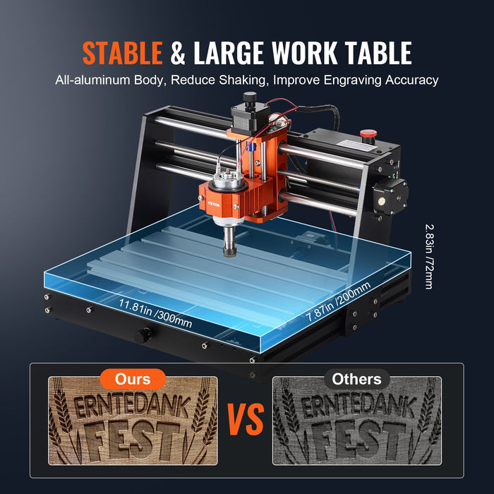 VEVOR CNC Router Machine, 120W, 3 Axis GRBL Control Wood Engraving Carving Milling Machine Kit, 11.81 x 7.87 x 2.83 in / 300 x 200 x 72 mm Working Area 1200 RPM for Wood Acrylic MDF PVC Plastic Foam