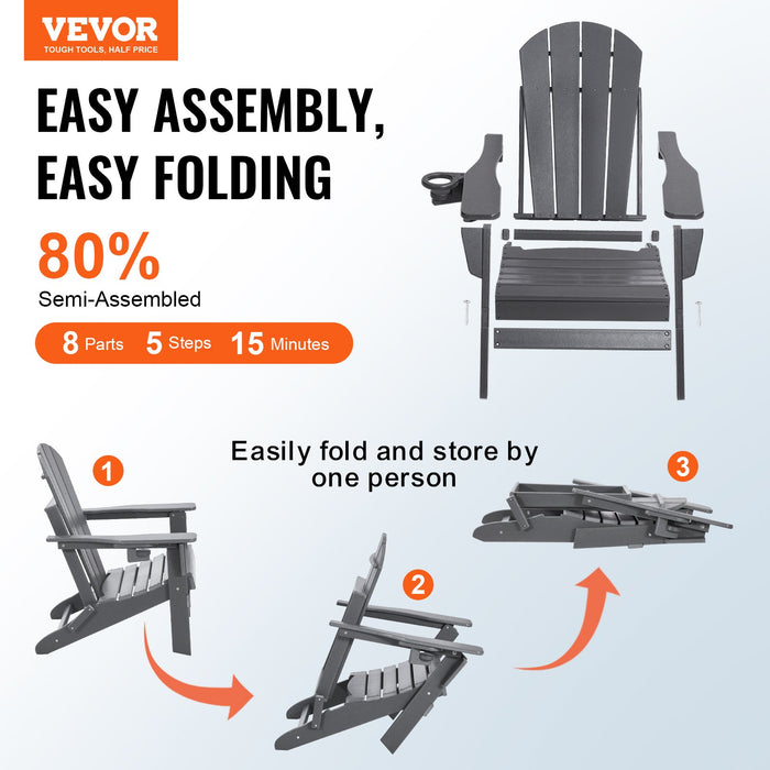 VEVOR Adirondack Chair Plastic, Set of 2 All-Weather Portable Folding Fire Pit Chair, Outdoor Adirondack Patio Chair with Cup Holder, with Relaxing Arm Rest Ergonomic, for Garden, Backyard - Gray