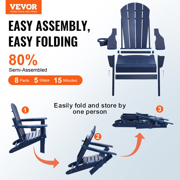 VEVOR Adirondack Chair Plastic, Set of 2 All-Weather Portable Folding Fire Pit Chair, Outdoor Adirondack Patio Chair with Cup Holder, with Relaxing Arm Rest Ergonomic, for Garden, Backyard Navy Blue