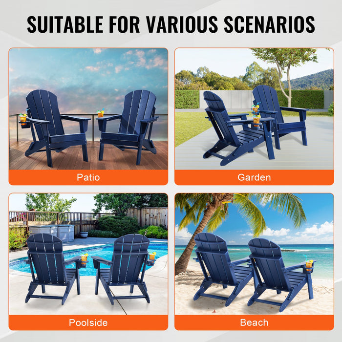 VEVOR Adirondack Chair Plastic, Set of 2 All-Weather Portable Folding Fire Pit Chair, Outdoor Adirondack Patio Chair with Cup Holder, with Relaxing Arm Rest Ergonomic, for Garden, Backyard Navy Blue