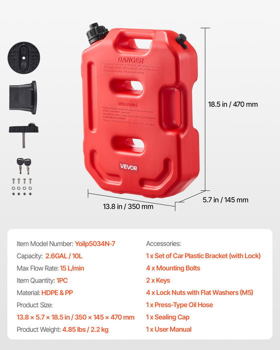 VEVOR Fuel Container, 10 L, Gas Can with Spout and Lockable Bracket, 15 L/min Max Flow Rate, Secure & Leak-proof, Portable Flat Fluid Container for Most Cars Motorcycle ATV UTV, Red