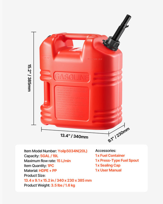 VEVOR Fuel Container, 19 L, Gas Tank with Spout & Clear Scale, 15 L/min Max Flow Rate, Secure & Leak-proof, Portable Flat Fluid Container for Most Cars Motorcycle ATV UTV, Red, 1 Pack