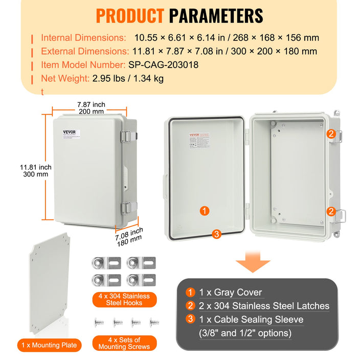 VEVOR Outdoor Electrical Junction Box, 300 x 200 x 180 mm, ABS Plastic Electrical Enclosure Box with Hinged Cover Stainless Steel Latch, IP67 Dustproof Waterproof for Outdoor Electrical Projects