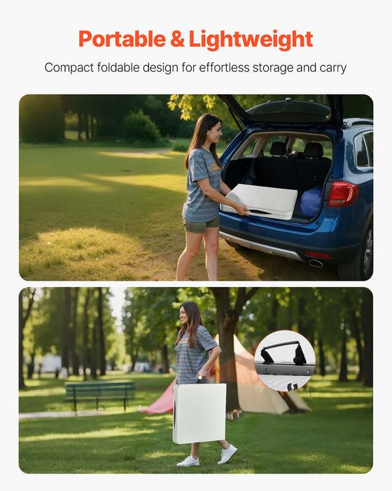VEVOR Folding Table, 4 Ft Heavy Duty Portable Fold-in-Half Utility Table, Indoor Outdoor Plastic Rectangle Table with Adjustable Height and Built in Handle, for Party, Dining, Picnic, Camping, White