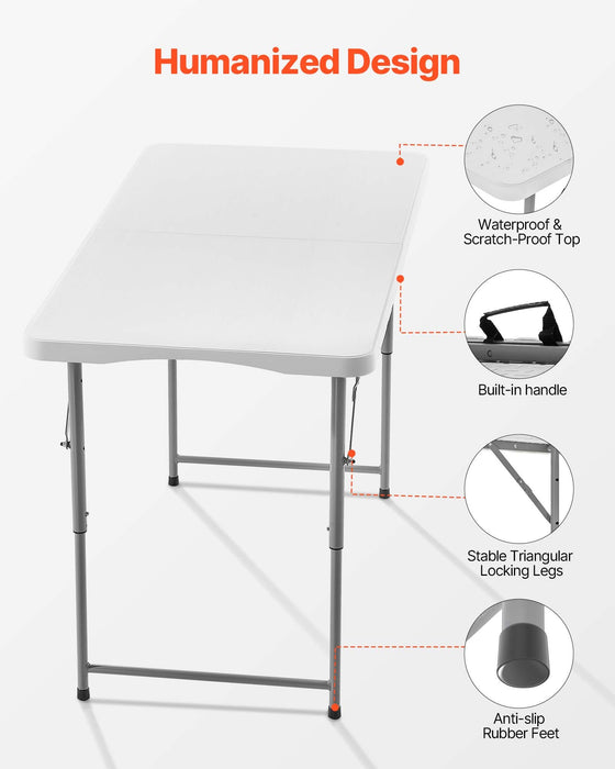 VEVOR Folding Table, 4 Ft Heavy Duty Portable Fold-in-Half Utility Table, Indoor Outdoor Plastic Rectangle Table with Adjustable Height and Built in Handle, for Party, Dining, Picnic, Camping, White