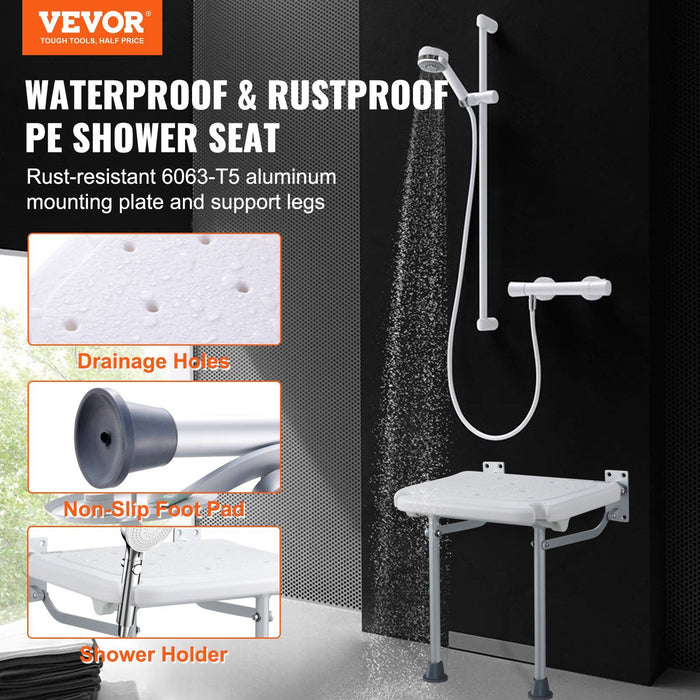 Folding PE Shower Seat, 15.7'' x 14.8'' Unfolded, Wall Mounted Fold Up Shower Bench with 500 lbs Load Capacity, Space Saving Fold Down Shower Chair for Seniors Pregnant Women Children Adults