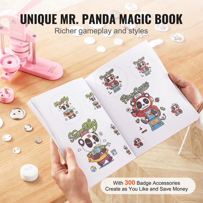 VEVOR Button Maker, 1/1.25/2.28 inch(25/32/58mm) 3-IN-1 Pin Maker, 300pcs Button Parts, Button Maker Machine with Panda Magic Book, Ergonomic Arc Handle Punch Press Kit, For Children DIY Gifts, Pink