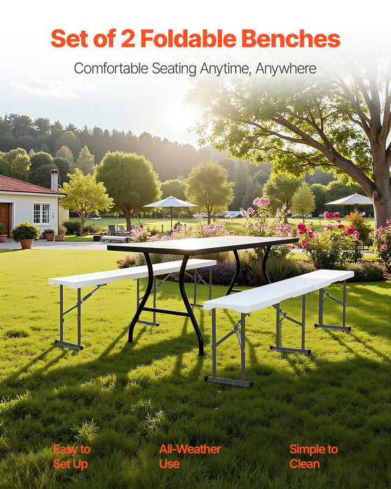 Plastic Folding Bench, 6 ft Portable Bench for Indoor/Outdoor Picnic Party Patio Camping Dining, Foldable Smooth HDPE Seat for Garden Soccer Multipurpose Entertaining Activities, 2 Pack, White