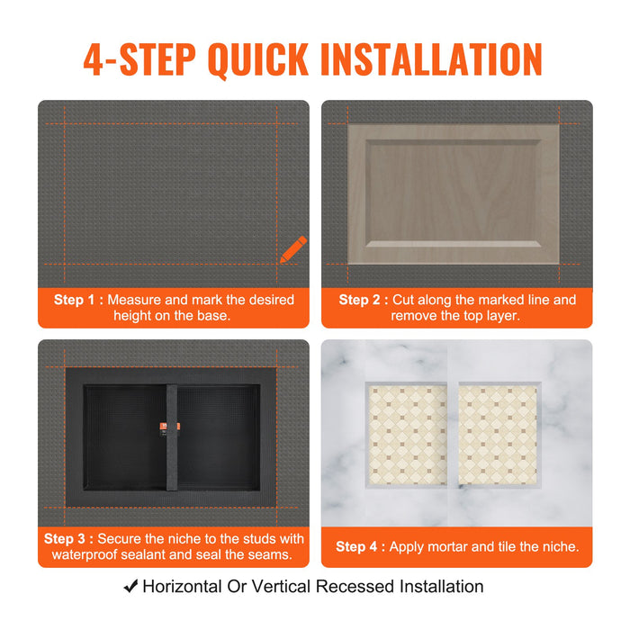 VEVOR Shower Niche Ready for Tile 40.64 x 60.96 cm, 16 x 24 inch Double Shelf Organizer, Square Corners Wall-inserted Niche Recessed, Sealed Protection Modern Soap Storage Niche for Shower Bathroom, Black