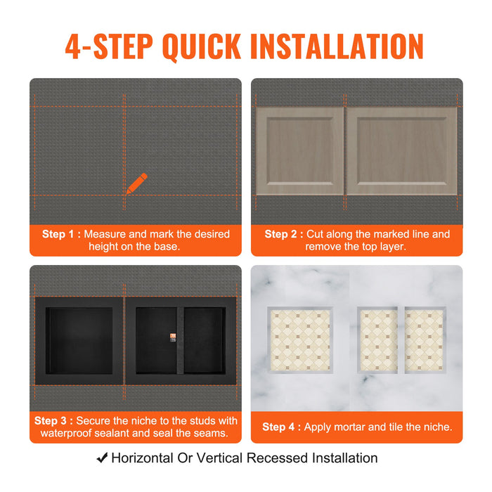 VEVOR Shower Niche Ready for Tile 40.64x40.64cm & 40.64x50.8cm, Triple Shelf, Square Corners Wall-inserted Niche Recessed, Sealed Protection Modern Soap Storage Niche for Shower Bathroom, Black