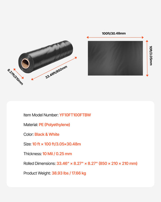 VEVOR 10Mil Plastic Sheeting Roll 10 x 100 FT Heavy Duty Black & White