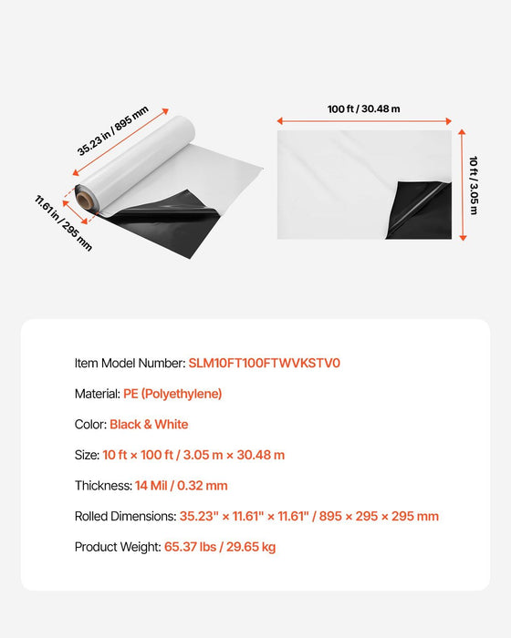 14 Mil Plastic Sheeting Heavy Duty 10' x 100', Thick Plastic Sheeting Roll, Plastic Drop Cloth Painters Tarp Covering for Crawl Space Vapor Barrier, Black and White Double-Sided, Multi-Purpose
