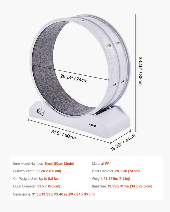 VEVOR Cat Exercise Wheel, 31.5 in, Large Cat Running Wheel with Secure Brake & Carpeted Runway, Quiet Operation Cat Treadmill, Indoor Cats Exerciser Wheel for Pets Weight Loss & Health White