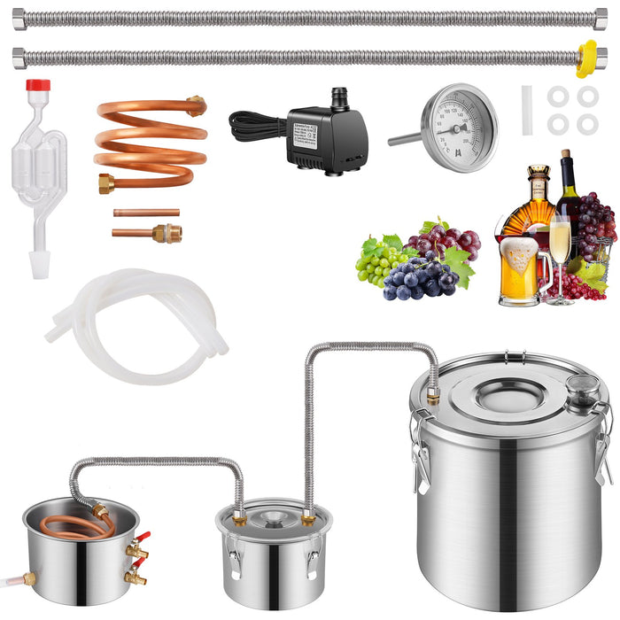 VEVOR Alcohol Still, 3 Gal / 11.4 L Stainless Steel Water Alcohol Distiller with Copper Coil for Fast Cooling, Dual Condenser Distiller Kit with Secondary Distillation, for Wine Whisky Brandy, Silver