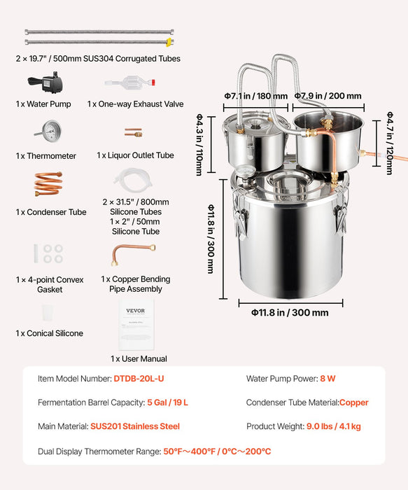 VEVOR Moonshine Still Water Alcohol Distiller 5Gal w/Thumper Keg & 8W Water Pump