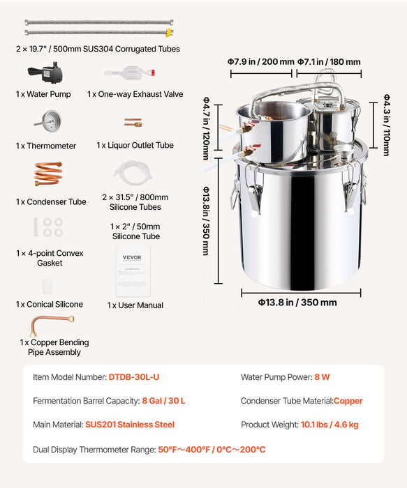 VEVOR Moonshine Still Water Alcohol Distiller 8Gal w/Thumper Keg & 8W Water Pump