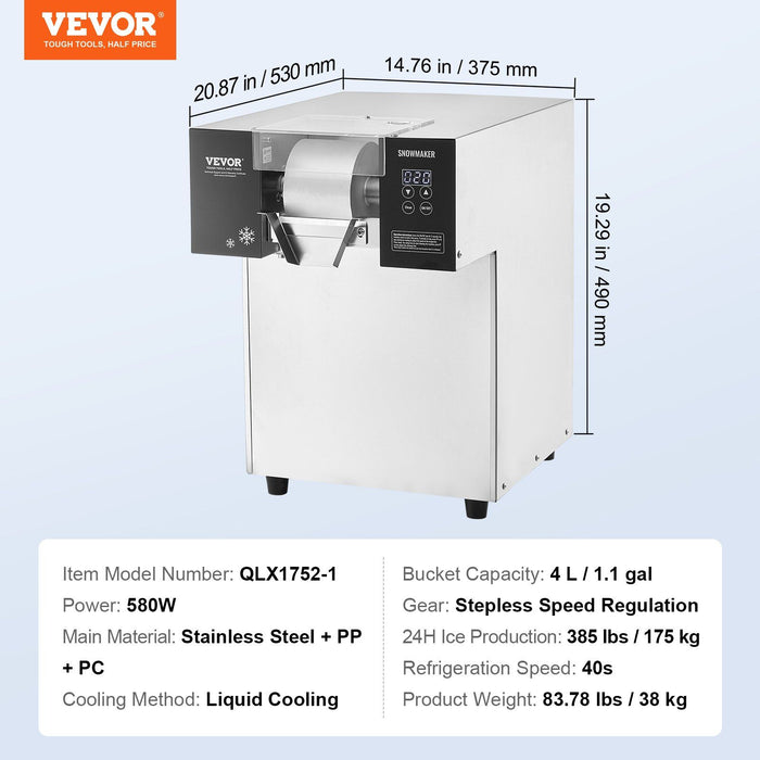 Commercial Snowflake Ice Machine, 385LBS/24H Snowflake Ice Maker, Stainless Steel Ice Shaver Machine, Electric Snow Cone Maker, Liquid Cooling System for Rapid Heat Dissipation, Ice Cream