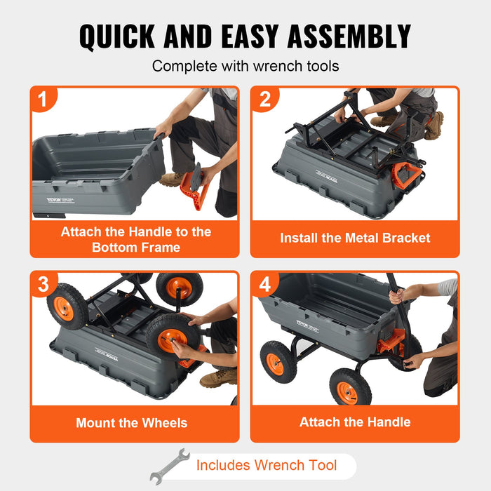 VEVOR Dump Cart, Poly Garden Dump Cart with Easy to Assemble Steel Frame, Dump Wagon with 2-in-1 Convertible Handle, Utility Wheelbarrow  544kg/ 1200lbs Capacity, 33cm/ 13 inch Tires
