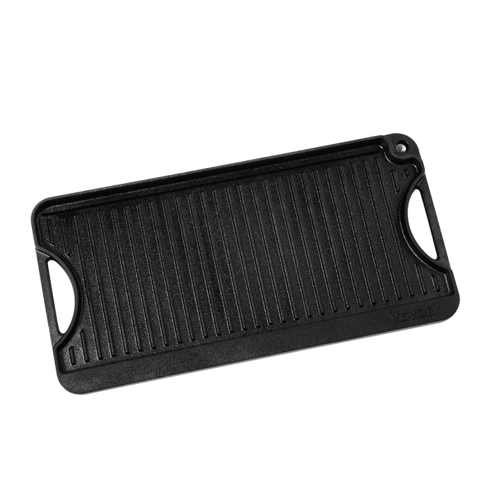 VEVOR Reversible Grill/Griddle, 20x10 inch Pre-Seasoned Cast Iron Griddle, Portable Rectangular Pan with Handle, Family Cookware for Indoor/Outdoor Stove Top Burner, Gas, Camping BBQ, Black
