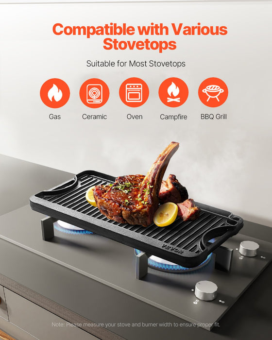 VEVOR Reversible Grill/Griddle, 20x10 inch Pre-Seasoned Cast Iron Griddle, Portable Rectangular Pan with Handle, Family Cookware for Indoor/Outdoor Stove Top Burner, Gas, Camping BBQ, Black