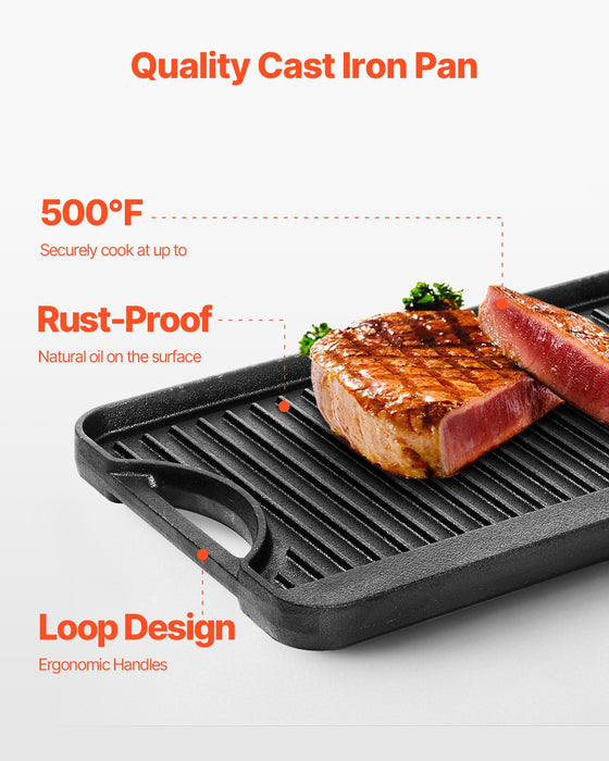VEVOR Reversible Grill/Griddle, 20x10 inch Pre-Seasoned Cast Iron Griddle, Portable Rectangular Pan with Handle, Family Cookware for Indoor/Outdoor Stove Top Burner, Gas, Camping BBQ, Black