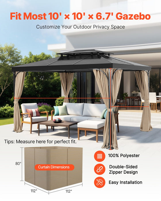 VEVOR Gazebo Curtains Outdoor, Fit Most 10' x 10' x 6.7' Gazebos, 4-Panel Sidewall Gazebo Privacy Curtains with Zippers, Outdoor Curtain Replacement for Patio Canopy, Only Curtain, Khaki
