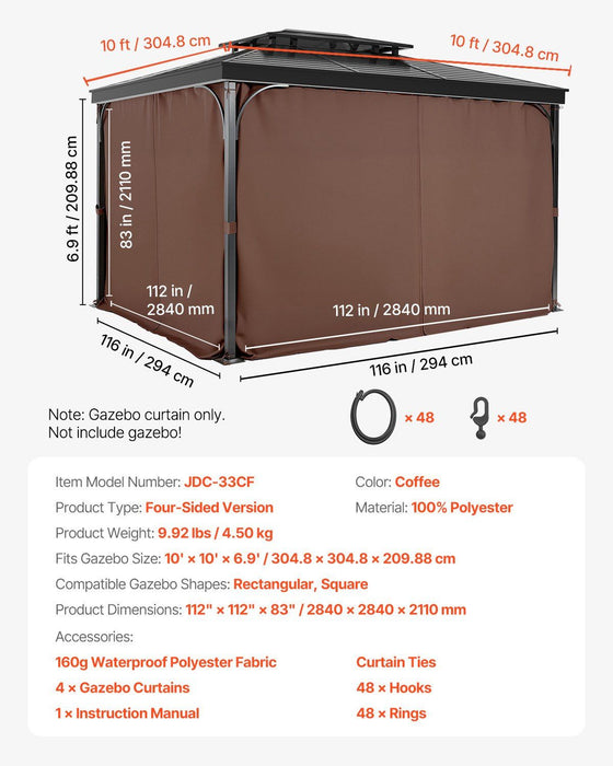 Gazebo Curtains Outdoor, Fit Most 2840 x 2840 x 2110 mm Gazebos, 4-Panel Sidewall Gazebo Privacy Curtains with Zippers, Outdoor Curtain Replacement for Patio Canopy, Only Curtain, Coffee