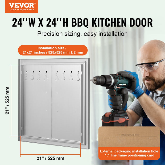 VEVOR BBQ Access Door, 610x610 mm Double Outdoor Kitchen Door, Stainless Steel Flush Mount Door, Double Wall Vertical Door with Handles and Hooks, for BBQ Island, Grilling Station, Outside Cabinet