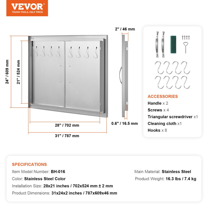 VEVOR BBQ Access Door, 787x609 mm Double Outdoor Kitchen Door, Stainless Steel Flush Mount Door, Double Wall Vertical Door with Handles and Hooks, for BBQ Island, Grilling Station, Outside Cabinet