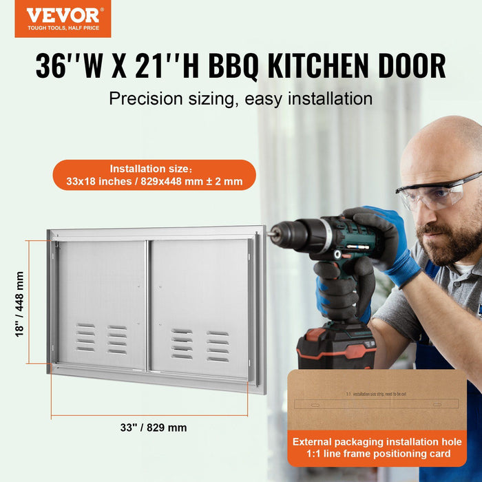 BBQ Access Door, 914x534 mm Double Outdoor Kitchen Door, Stainless Steel Flush Mount Door, Wall Vertical Door with Handles and Vents, for BBQ Island, Grilling Station, Outside Cabinet