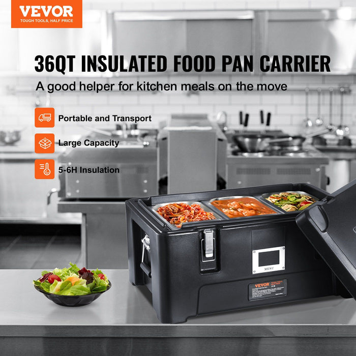 Insulated Food Pan Carrier, 36Qt Capacity, Stackable Catering Hot Box with 3 Stainless Steel Pans, Top Load LLDPE Food Warmer with Elastic Side Handles and Buckles, for Restaurant Canteen, Black