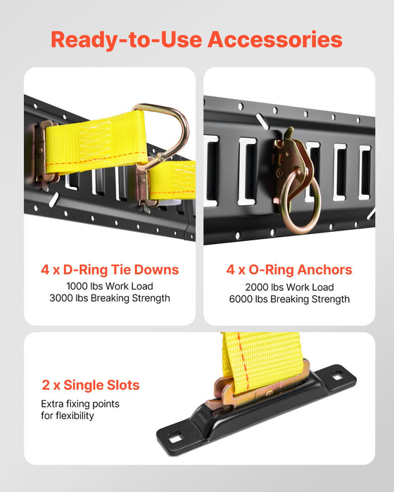 VEVOR E-Track Tie-Down Rail Kit, 4 Pack 0.4 m E Tracks Set, 21 Pcs Includes 2 Ratchet Straps & 4 O-Rings & 4 Tie-Offs with D-Ring & 2 Single Slots & 8 End Caps & 1 Bag, Fit for Garages Vans Trailers