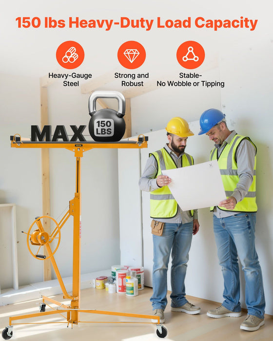 3353mm Drywall Lift, Heavy-Duty 68 kg Sheetrock Hoist with Adjustable Telescoping Arm, Lockable Wheels, Drywall Lifter Panel Jack Hoist Tools Ideal for Ceiling & Wall Installation (Yellow)