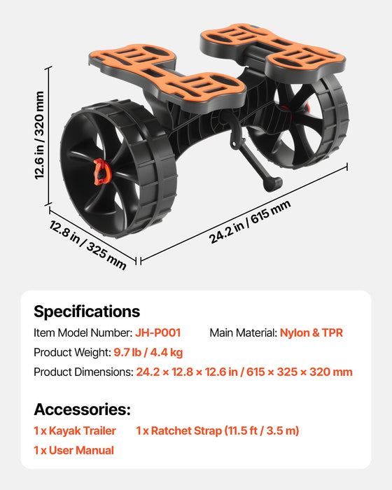 VEVOR Kayak Cart, 136.1 kg Load Capacity, Foldable Kayak Trolley with 25.4 cm Solid Rubber Tires & 1 Ratchet Strap, Paddle Board Trolley for Carrying Kayaks, Canoes, Paddleboards, Float Mats,Jon Boats