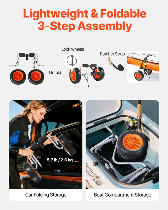 VEVOR Kayak Cart, 90 kg Load Capacity, Foldable Kayak Trolley with 25.4 cm Solid Rubber Tires & 1 Ratchet Strap, Paddle Board Trolley for Carrying Kayaks, Canoes, Paddleboards, Float Mats, Jon Boats