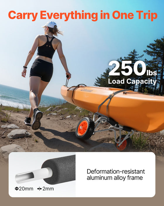 VEVOR Kayak Cart, 113.4 kg Load Capacity, Foldable Kayak Trolley with 25.4 cm Solid Rubber Tires & 1 Ratchet Strap, Paddle Board Trolley for Carrying Kayaks, Canoes, Paddleboards, Float Mats,Jon Boats