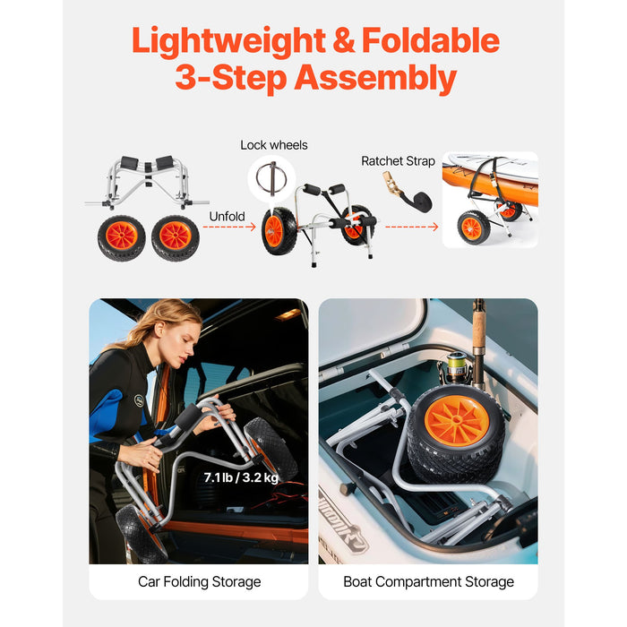 VEVOR Kayak Cart, 113.4 kg Load Capacity, Foldable Kayak Trolley with 25.4 cm Solid Rubber Tires & 1 Ratchet Strap, Paddle Board Trolley for Carrying Kayaks, Canoes, Paddleboards, Float Mats,Jon Boats