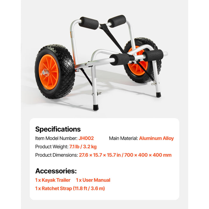 VEVOR Kayak Cart, 113.4 kg Load Capacity, Foldable Kayak Trolley with 25.4 cm Solid Rubber Tires & 1 Ratchet Strap, Paddle Board Trolley for Carrying Kayaks, Canoes, Paddleboards, Float Mats,Jon Boats