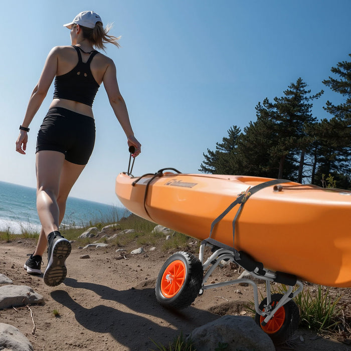 VEVOR Kayak Cart, 113.4 kg Load Capacity, Foldable Kayak Trolley with 25.4 cm Solid Rubber Tires & 1 Ratchet Strap, Paddle Board Trolley for Carrying Kayaks, Canoes, Paddleboards, Float Mats,Jon Boats