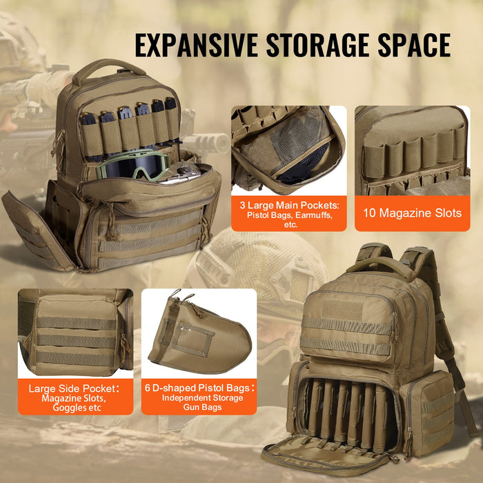 VEVOR Tactical Range Backpack for 6 Pistols, Gun Backpack with 6 Independent Pistol Bags & 10 Magazines, Pistol Backpack for Outdoor Hunting Shooting, Range Bag for Handguns Lockable Zipper,  Brown