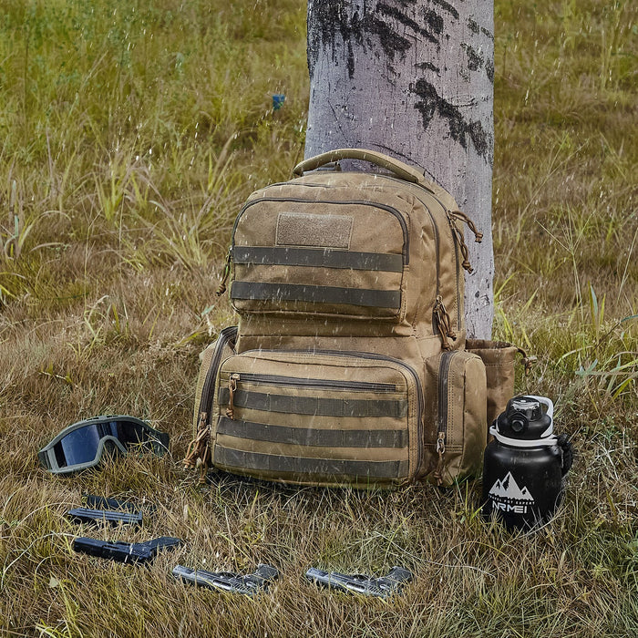 VEVOR Tactical Range Backpack for 6 Pistols, Gun Backpack with 6 Independent Pistol Bags & 10 Magazines, Pistol Backpack for Outdoor Hunting Shooting, Range Bag for Handguns Lockable Zipper,  Brown