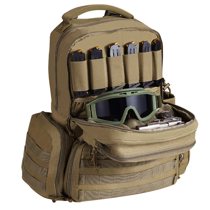 VEVOR Tactical Range Backpack for 6 Pistols, Gun Backpack with 6 Independent Pistol Bags & 10 Magazines, Pistol Backpack for Outdoor Hunting Shooting, Range Bag for Handguns Lockable Zipper,  Brown