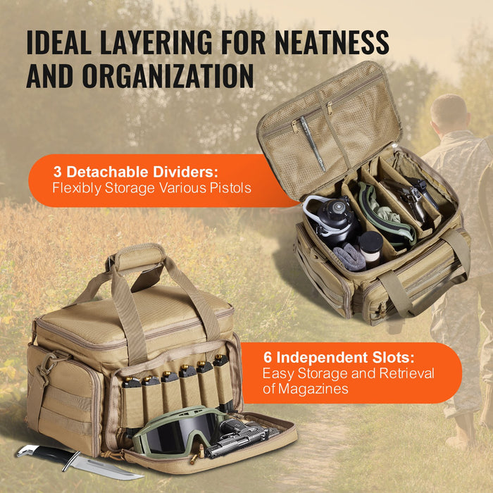 VEVOR Range Bag for 4 Pistols, Tactical Gun Range Bag with 3 Detachable Baffles & 6 Magazines, Firearm Shooting Handgun Bag for Outdoor Hunting Shooting Pistol Bag with Single Shoulder Strip, Brown
