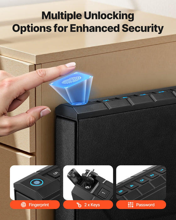 VEVOR Gun Safe, Slider Handgun Gun Safe with Fingerprint/Password/Key, 3-Way Quick Access Firearm Case Box with Lighting for 1 Pistol & Magazine, Mounted Pistol Gun Box for Nightstand Bedside Desk Car